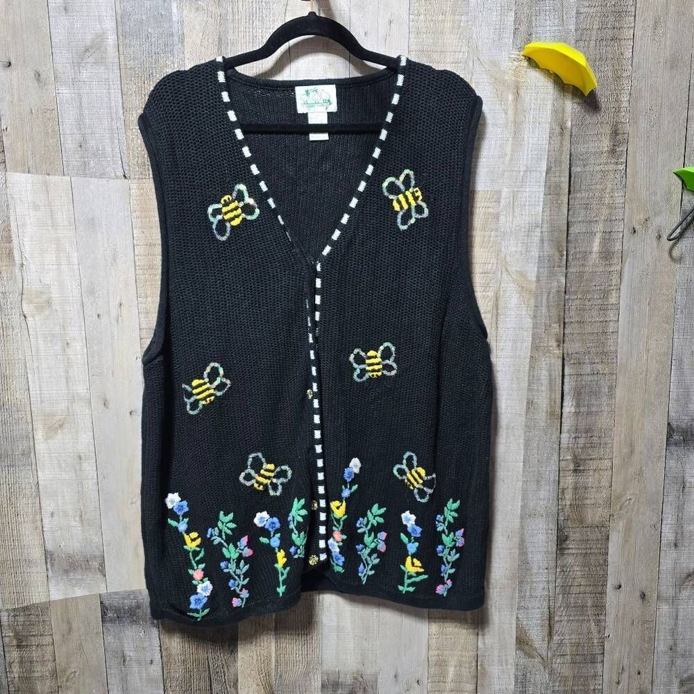Quacker Factory Vintage 90s Black Sequin Bee Embroidered Knit Vest 2x Maximalist